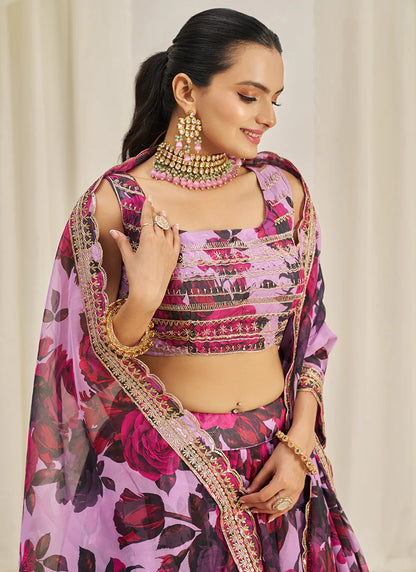 Floral Printed Baby Pink Lehenga Choli with Embroidery Detailing