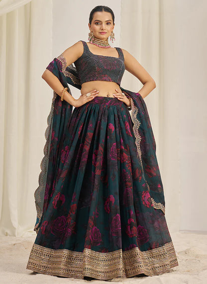 Floral Printed Teal Lehenga Choli with Embroidery Detailing