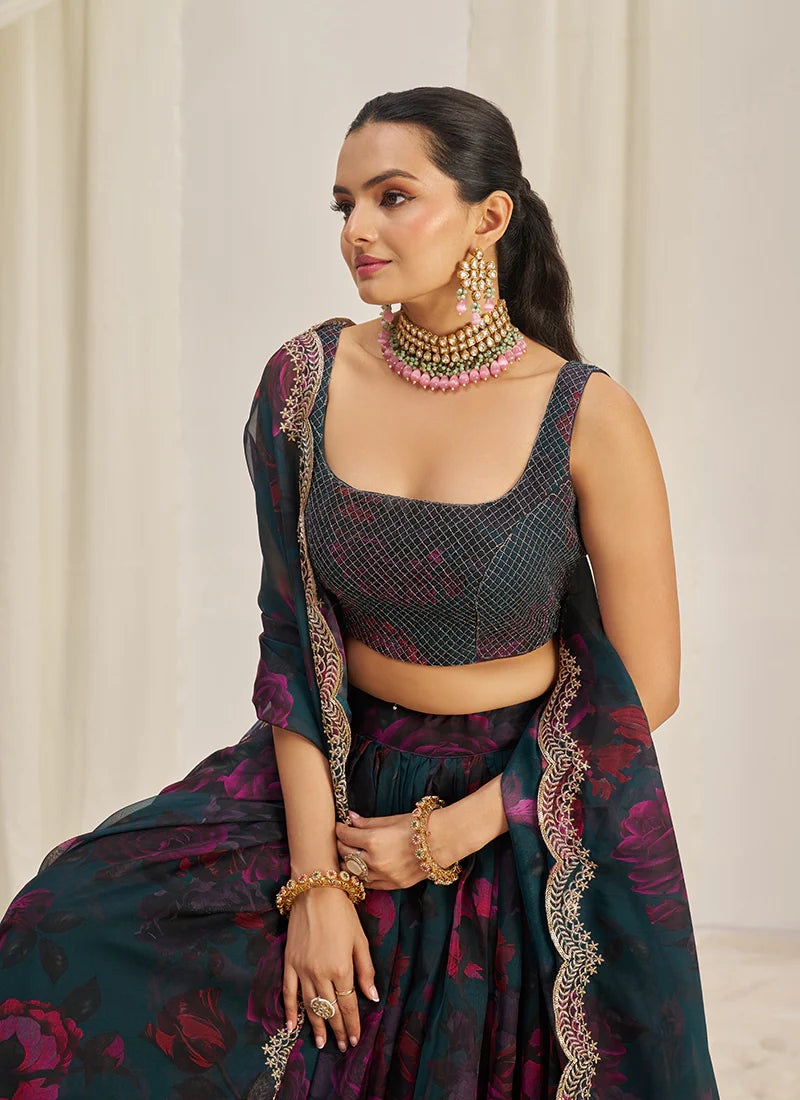 Floral Printed Teal Lehenga Choli with Embroidery Detailing