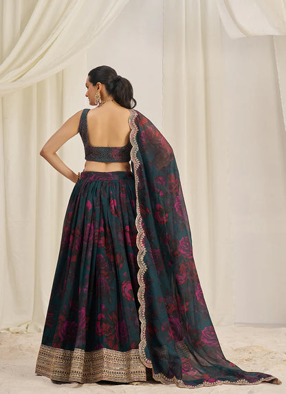 Floral Printed Teal Lehenga Choli with Embroidery Detailing