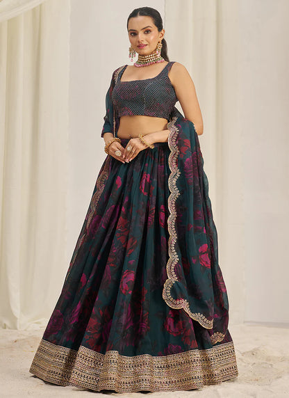 Floral Printed Teal Lehenga Choli with Embroidery Detailing