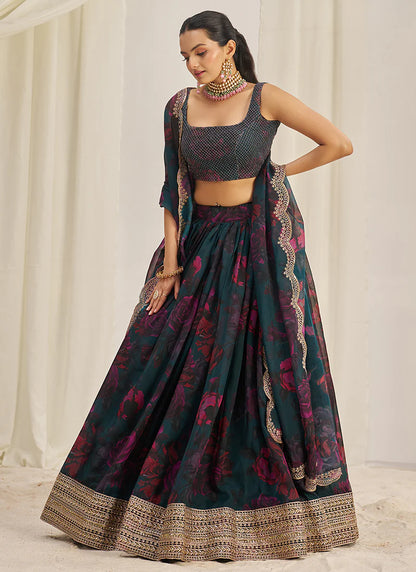 Floral Printed Teal Lehenga Choli with Embroidery Detailing