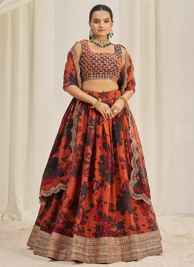 Floral Printed Orange Lehenga Choli with Embroidery Detailing