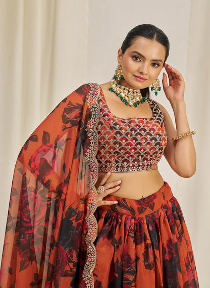 Floral Printed Orange Lehenga Choli with Embroidery Detailing