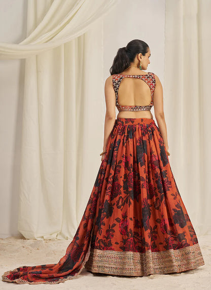 Floral Printed Orange Lehenga Choli with Embroidery Detailing