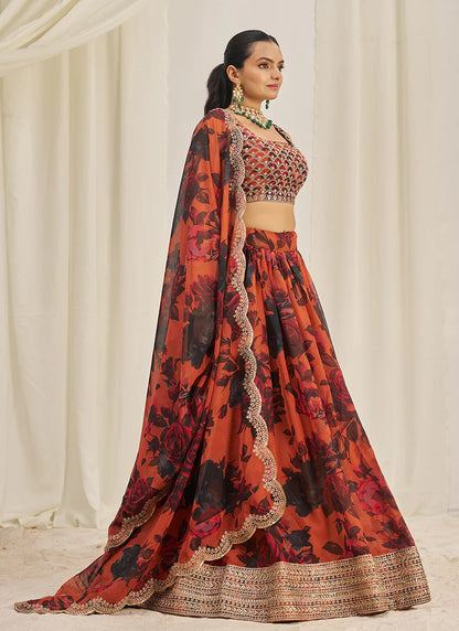 Floral Printed Orange Lehenga Choli with Embroidery Detailing