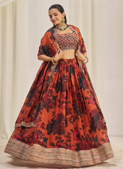 Floral Printed Orange Lehenga Choli with Embroidery Detailing