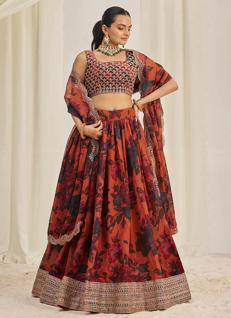 Floral Printed Orange Lehenga Choli with Embroidery Detailing