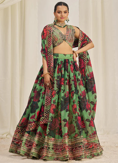 Floral Printed Parrot Green Lehenga Choli with Embroidery Detailing