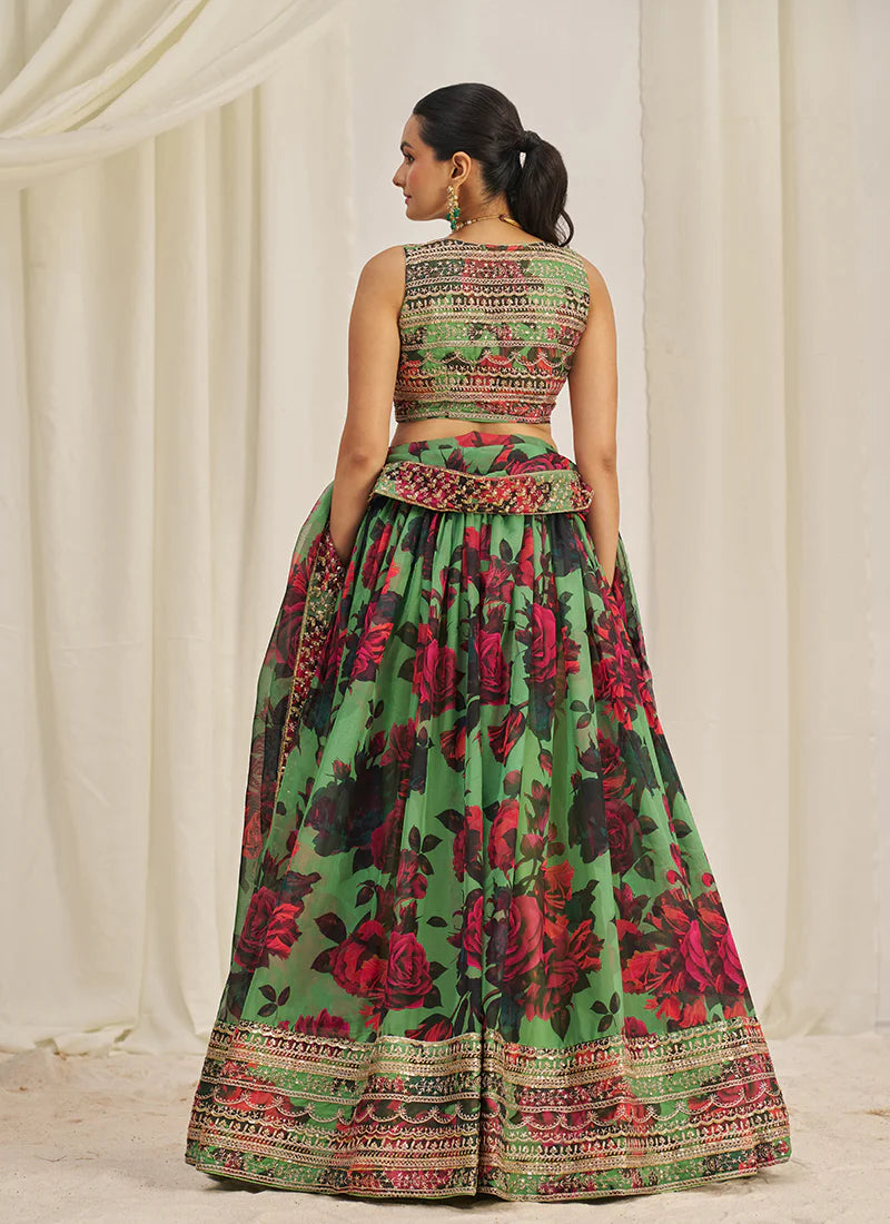 Floral Printed Parrot Green Lehenga Choli with Embroidery Detailing