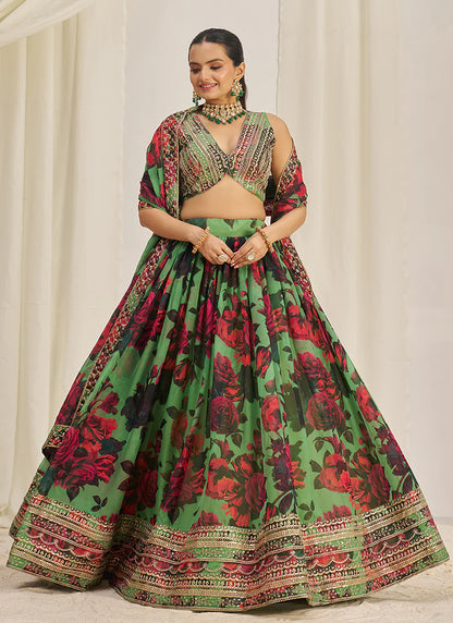 Floral Printed Parrot Green Lehenga Choli with Embroidery Detailing