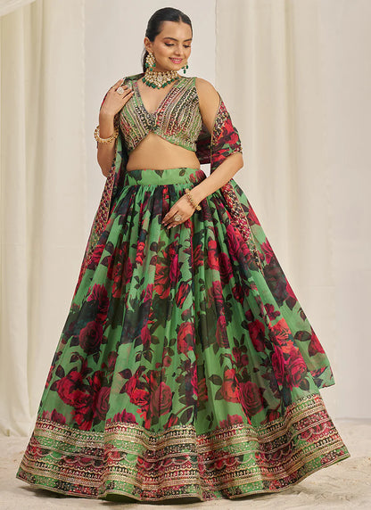 Floral Printed Parrot Green Lehenga Choli with Embroidery Detailing