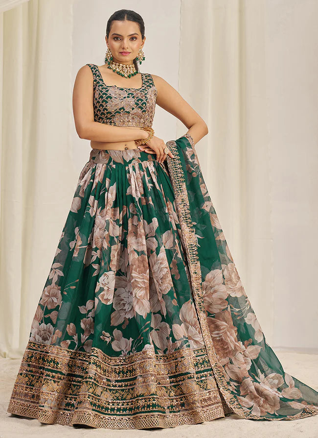 Floral Printed Forest Green Lehenga Choli with Embroidery Detailing