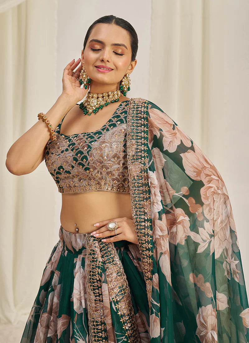 Floral Printed Forest Green Lehenga Choli with Embroidery Detailing