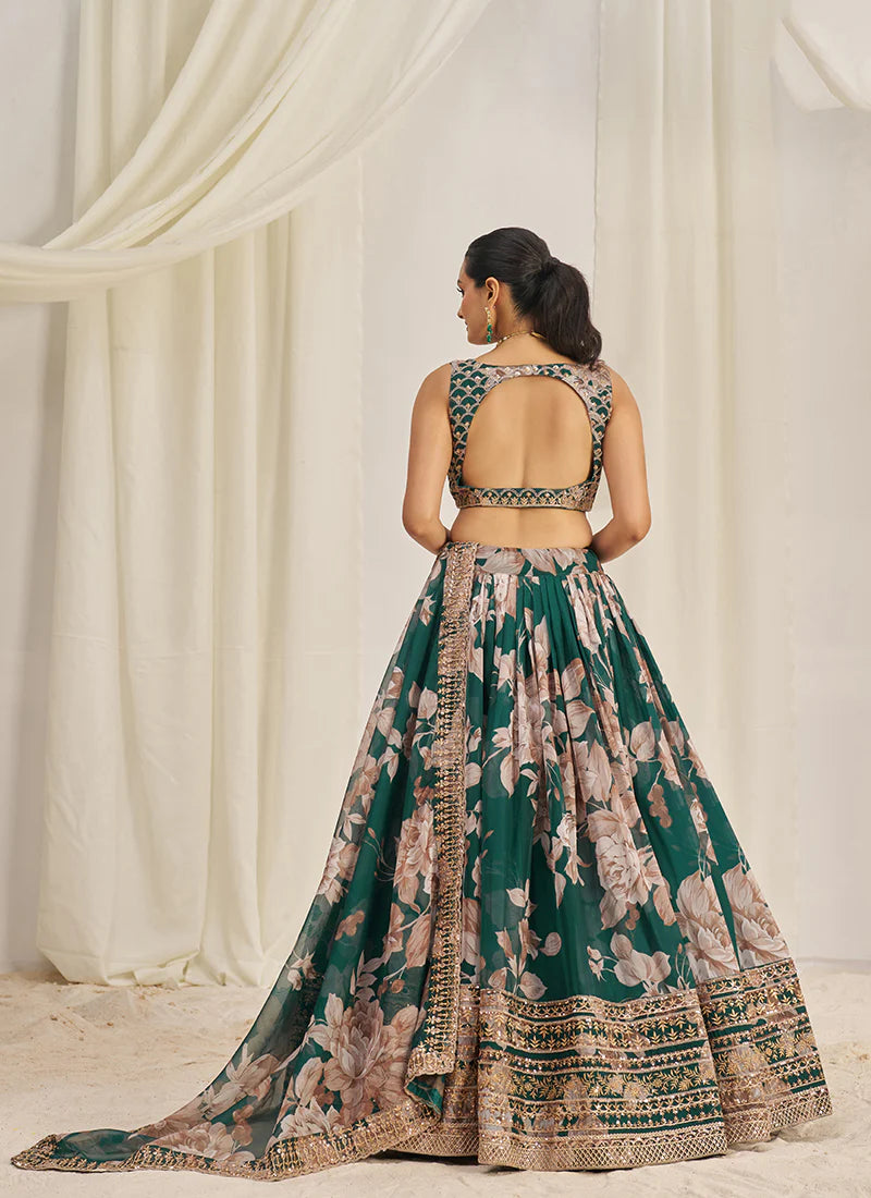 Floral Printed Forest Green Lehenga Choli with Embroidery Detailing