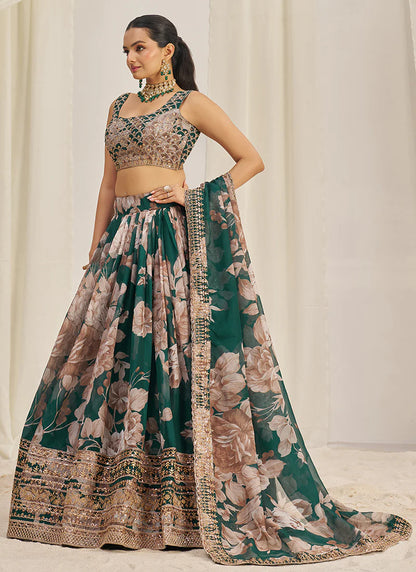 Floral Printed Forest Green Lehenga Choli with Embroidery Detailing