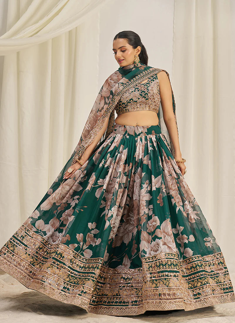 Floral Printed Forest Green Lehenga Choli with Embroidery Detailing