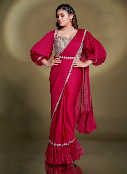 Ready To Wear Red Satin Silk Saree With Designer Blouse For Indian Festival And Pakistani Wedding