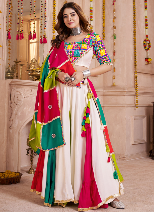 Multicolor Mirror Work Navratri Lehenga Choli with Handmade Patch Dupatta