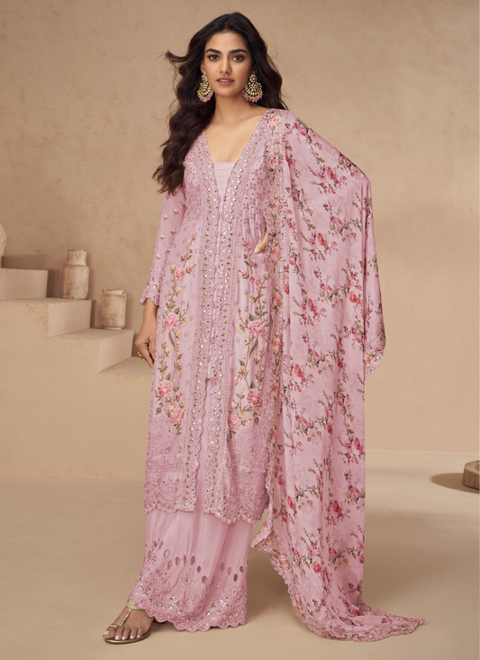 Pink Chinnon Silk Embroidered Palazzo Suit with Dupatta for Pakistani Wedding and Indian Festival