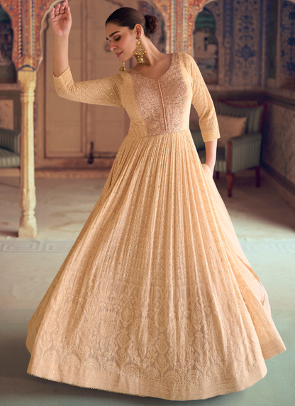 Peach Chikankari Gown with Dupatta for Indian Festivals and Pakistani Weddings 