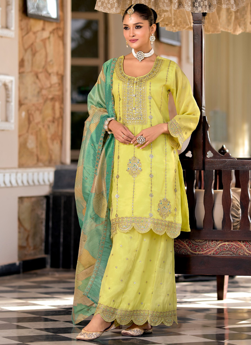 Lime Green Simar Embroidered Sharara Suit with Dupatta for Panjabi Weddings