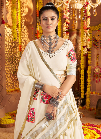 Off-White Mirror Embroidered Chaniya Choli With Dupatta For Indian Festival And Garba Nights