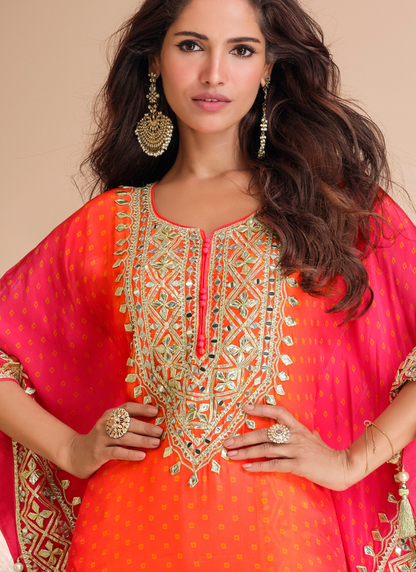 Orange and Pink Viscose Silk Kaftan with Tassels for Indian Festival and Pakistani Wedding-Embroidery and Mirror Work