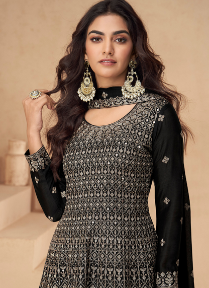 Black Chinnon Silk Sharara Suit with Dupatta -Perfect for Indian Wedding & Pakistani Festival