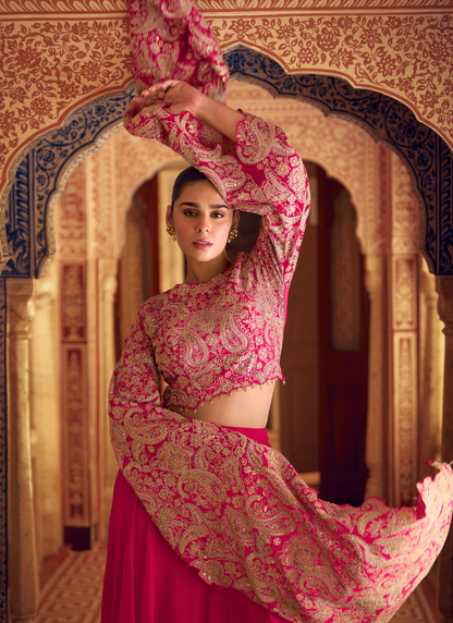 Designer Pink Silk Embroidered Cape Style Plazzo Suit for Indian Festivals and Pakistani Weddings