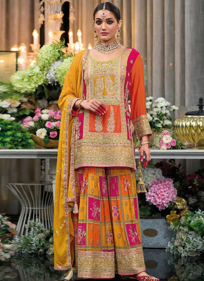 Yellow and Pink Embroidered Chinnon Sharara Suit with Dupatta – Indian Wedding and Pakistani Festival Wear