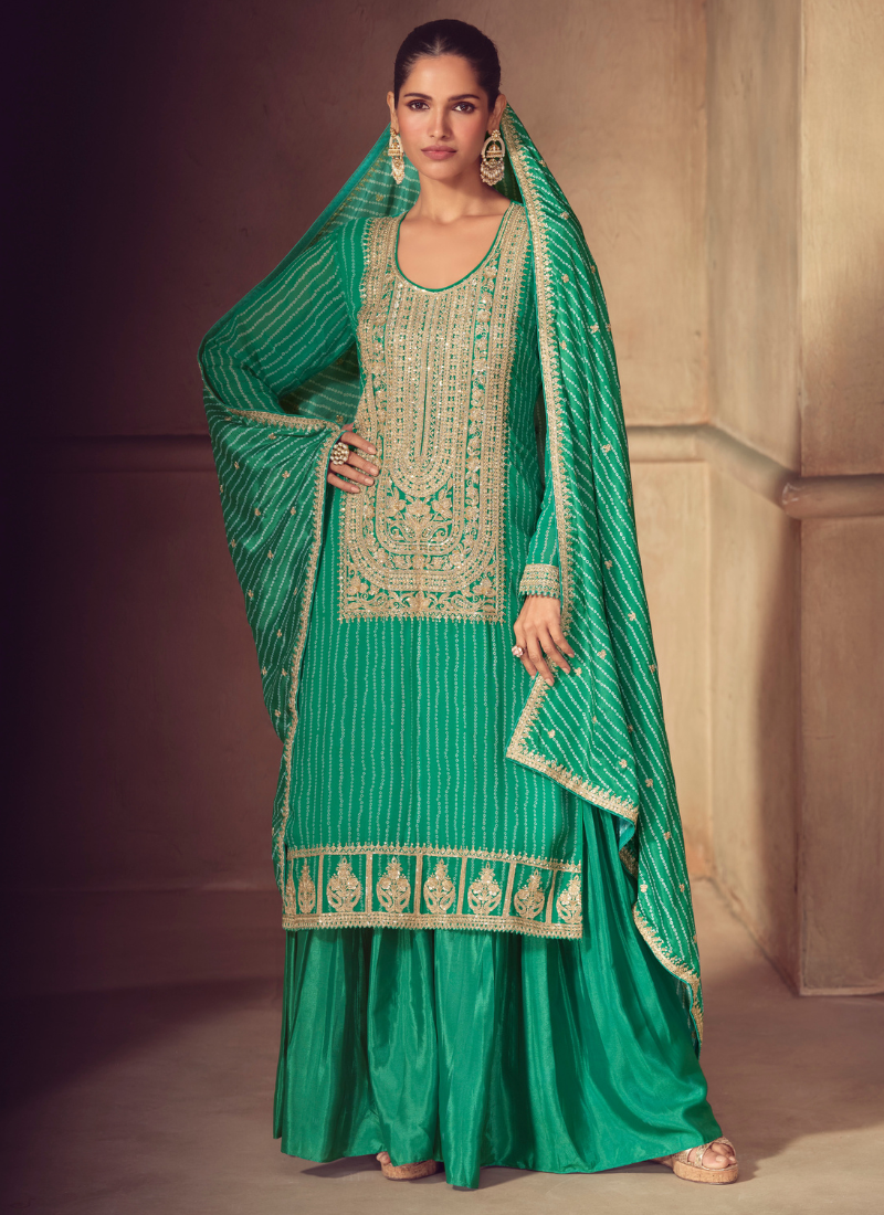 Bottle Green Chinon Sharara Suit with Dupatta for Indian Wedding and Pakistani Festival