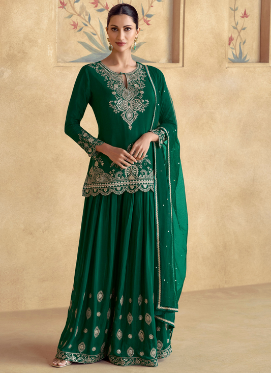 Designer Green Chinnon Silk Embroidered Sharara Suit with Dupatta – Perfect for Indian Wedding & Pakistani Festival