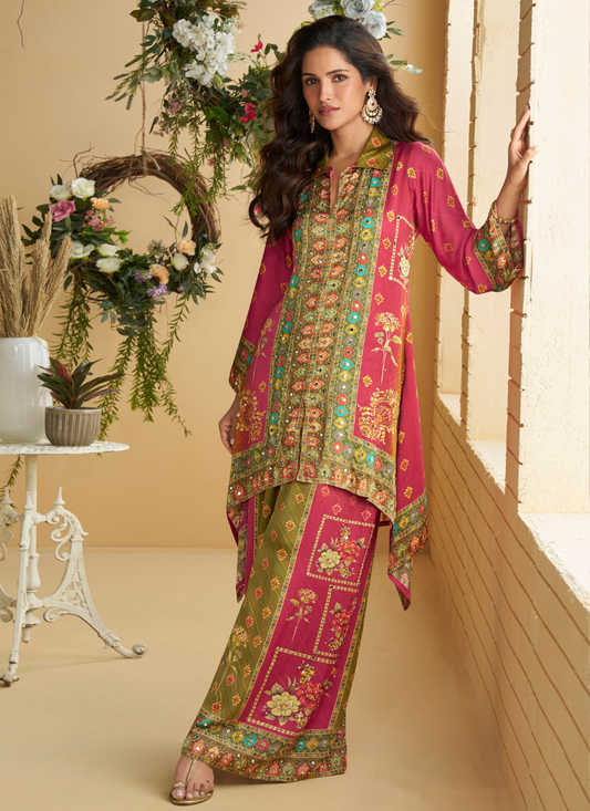 Magenta & Olive Green Crape Silk Printed Palazzo Set for Indian Wedding and Pakistani Festival