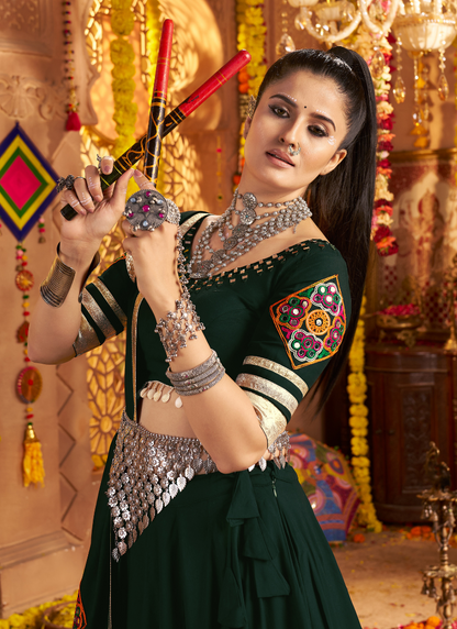 Dark Green Chaniya Choli With Dupatta For Navratri Garba – Mirror, Thread, Embroidery Work – Navratri 2025 Collection
