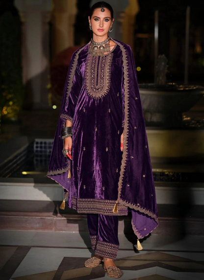 Shop Online Purple Velvet Pakistani Suit with Dupatta at Bindyaa