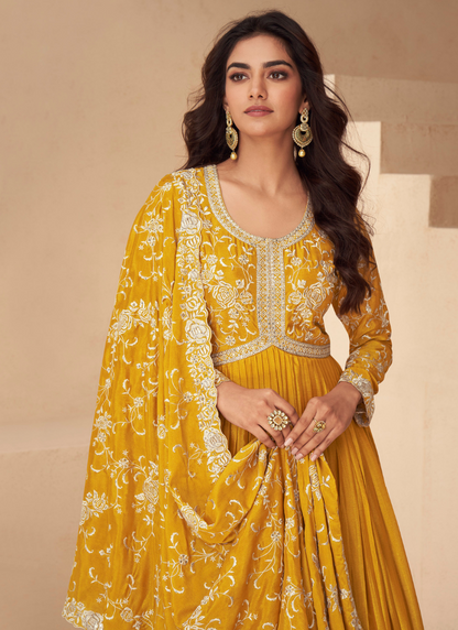 Mustard Yellow Chinnon Silk Embroidery Anarkali Gown with Dupatta for Indian Festival and Pakistani Wedding - Thread Work