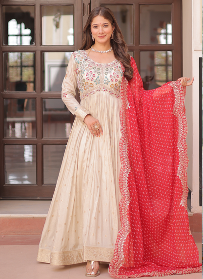 Off White Anarkali Suit With Red Bandhani Dupatta For Indian Wedding and Pakistani Festivals – MULTI THREAD, MIRROR, EMBROIDERY WORK
