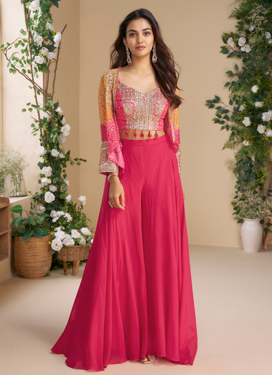 Rani Pink Real Chinon Silk Indo-Western Plazzo Set with Organza Shrug for Indian and Pakistani Wedding