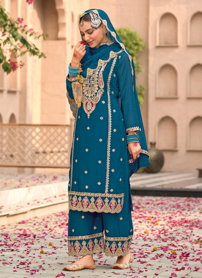 Teal Chinnon Embroidered Sharara Suit with Dupatta for Pakistani Weddings and Indian Festivals