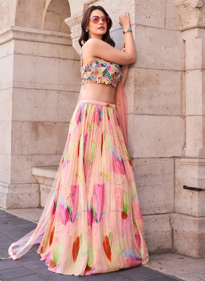 Pink Floral Chinnon Silk Lehenga with Embroidered Blouse and Dupatta – Ideal for Indian and Pakistani Weddings