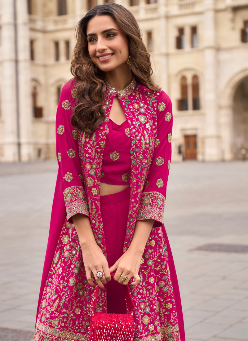 Designer Magenta Pink Indo-Western Georgette Jacket Style Shrug with Palazzo