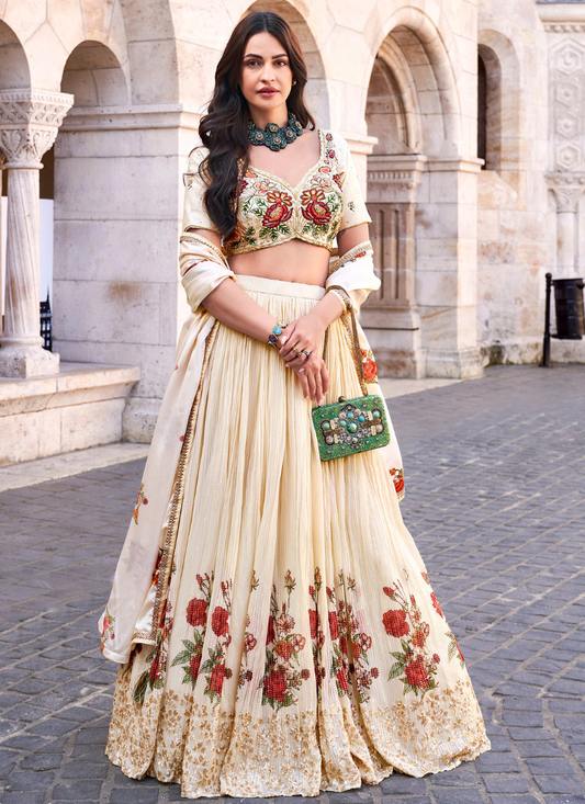 Buy Cream Floral Chinnon Silk Lehenga with Embroidered Blouse and Dupatta – Ideal for Indian and Pakistani Weddings 