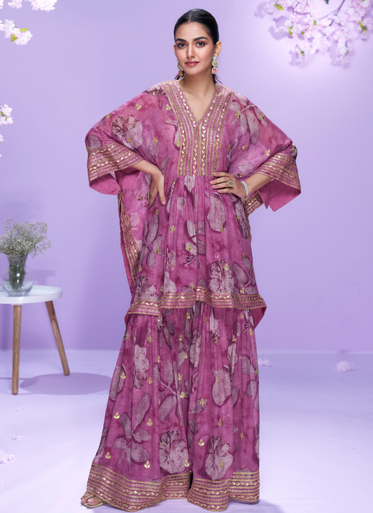 Designer Dusty Pink Floral Georgette Kaftan Sharara Suit For Indian Wedding and Pakistani Festival