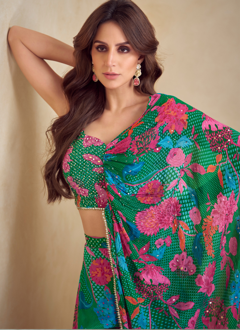 Designer Green Chinon Silk Poncho Style Palazzo Set with Pink Floral Print – Festive Wear