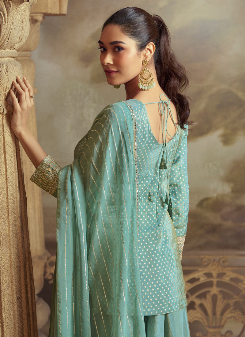 Sea Green Viscose Sharara Suit with Dupatta for Indian Wedding and Pakistani Festival