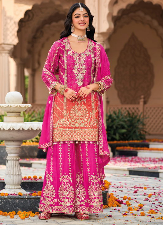 Buy Pink Chinnon Embroidered Salwar Kameez with Palazzo and Net Dupatta for Eid, Pakistani and Indian Festivals 