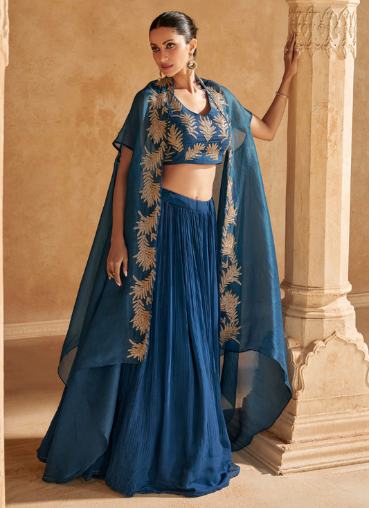 Blue Embroidered Lehenga Set with Cape Dupatta for Pakistani Festival and Indian Wedding – Mirror and Zari Embroidery 