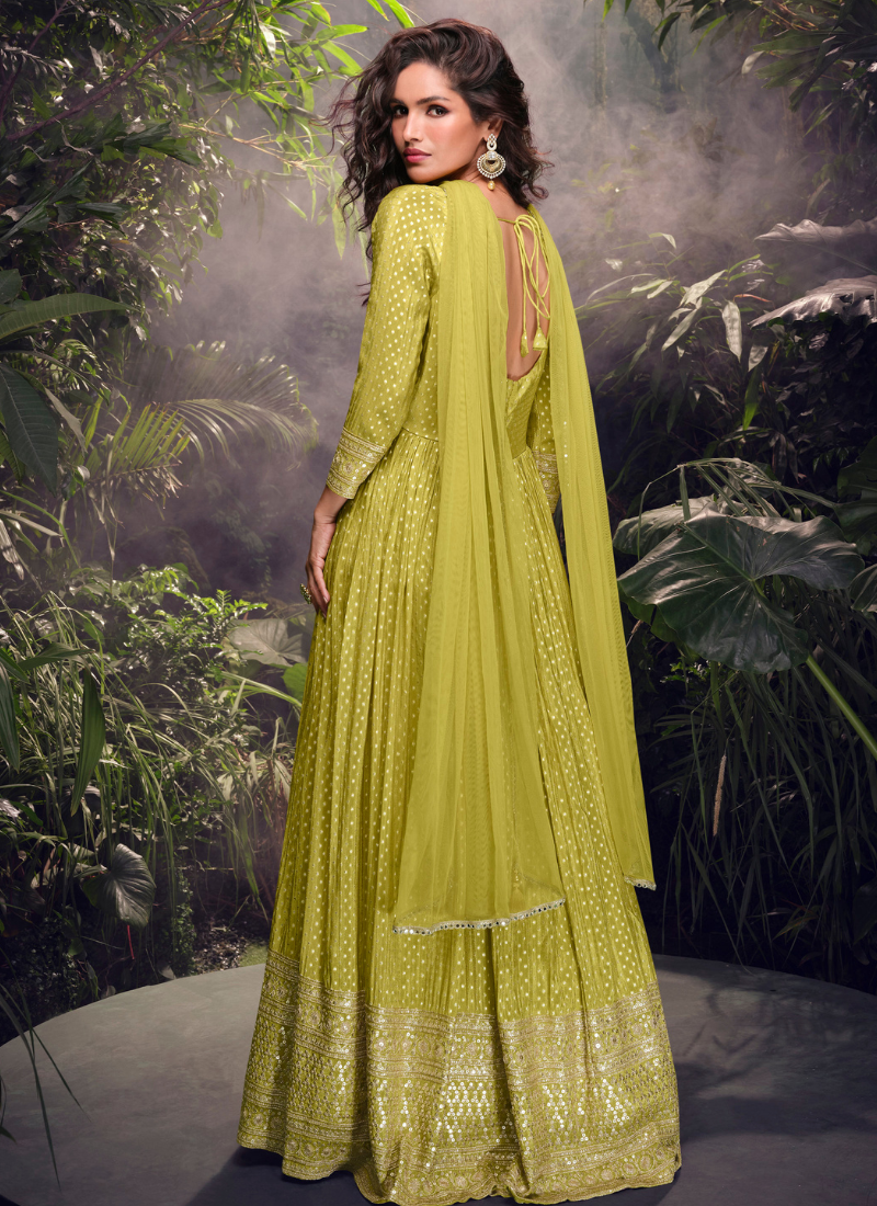 Lime Green Jacquard Silk Embroidered Anarkali Gown with Dupatta for Indian Wedding and Pakistani Festival