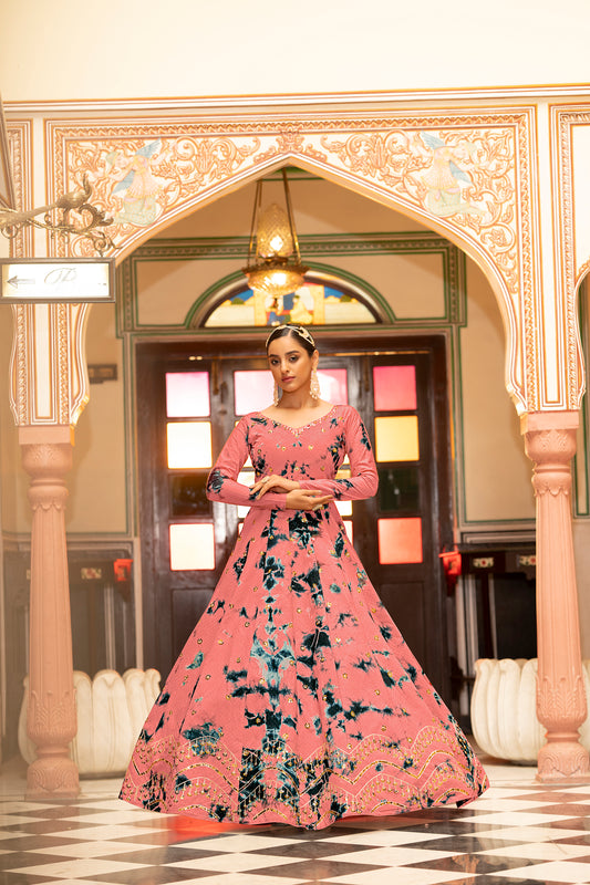 Peach tie-dye Bollywood gown with sequence embroidery Anarkali Gown